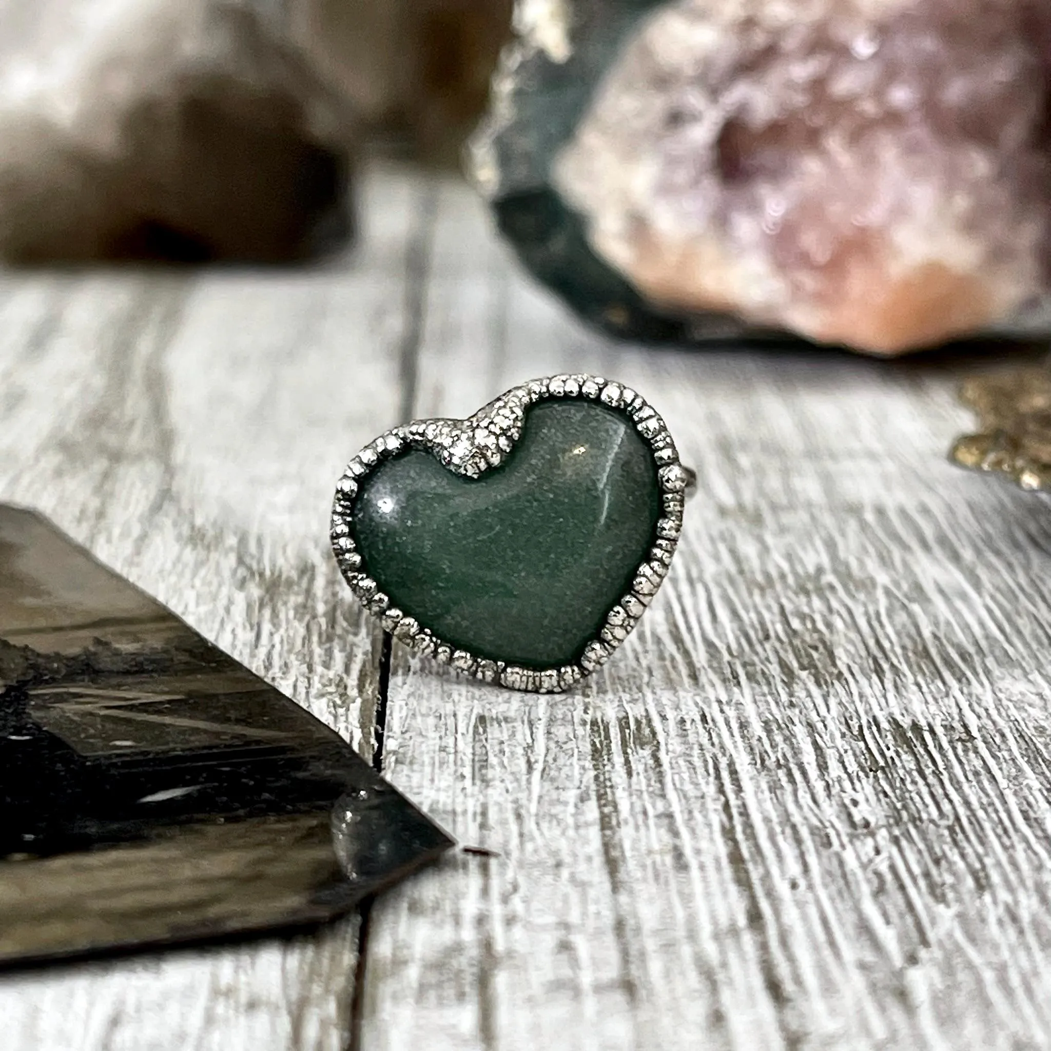 Green Aventurine Heart Ring Silver Size 6 7 8 9 10  / Foxlark Collection