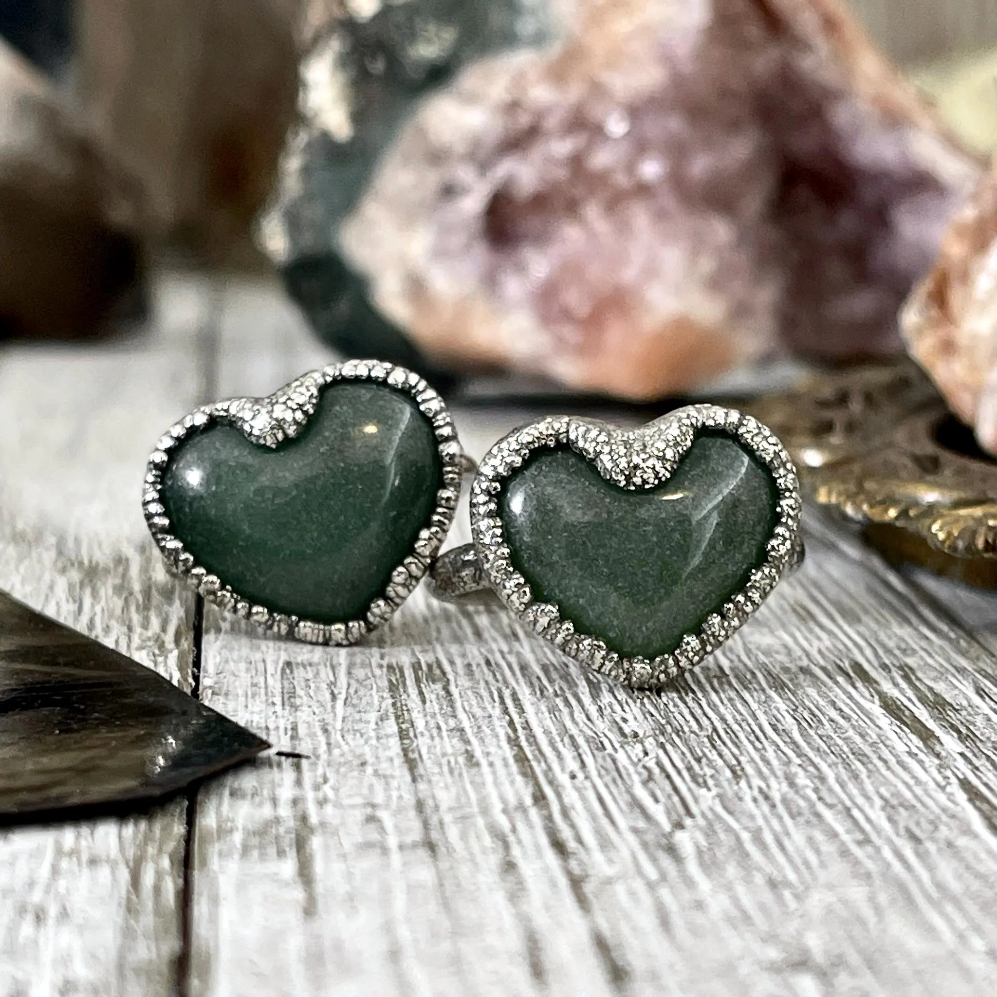 Green Aventurine Heart Ring Silver Size 6 7 8 9 10  / Foxlark Collection