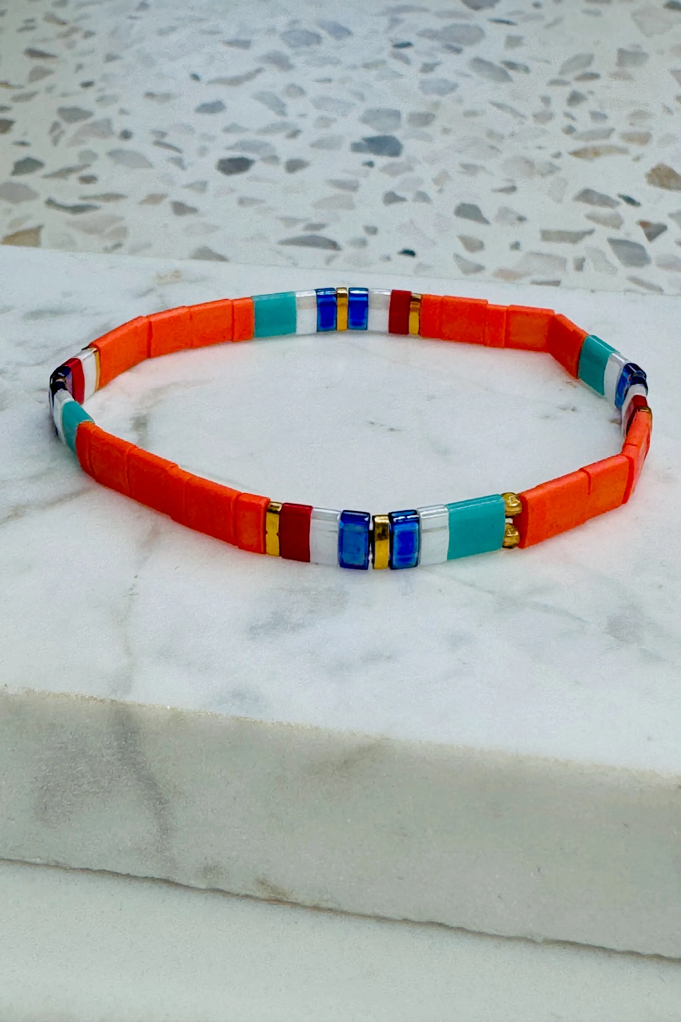 Handmade Glass Bead Bracelet - Orange/Blue