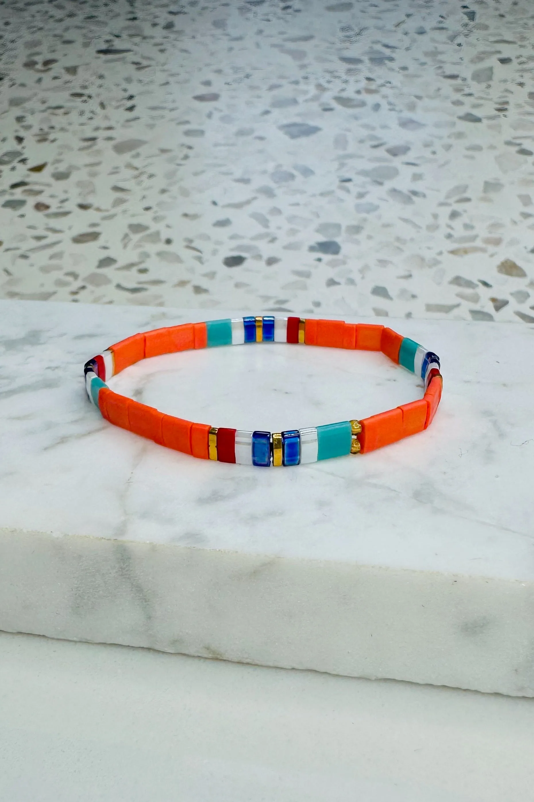 Handmade Glass Bead Bracelet - Orange/Blue
