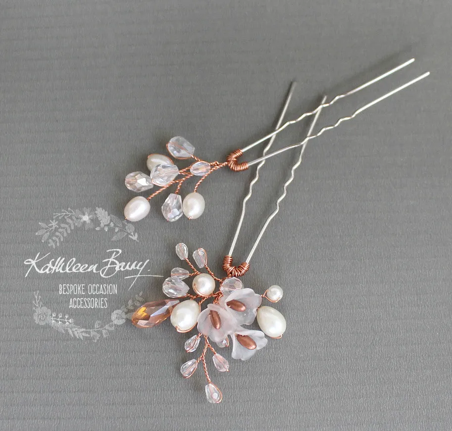 Jana bridal hair pin, Lucite flower crystal and pearl, Rose Gold, Silver, Gold Options - Sold Individually