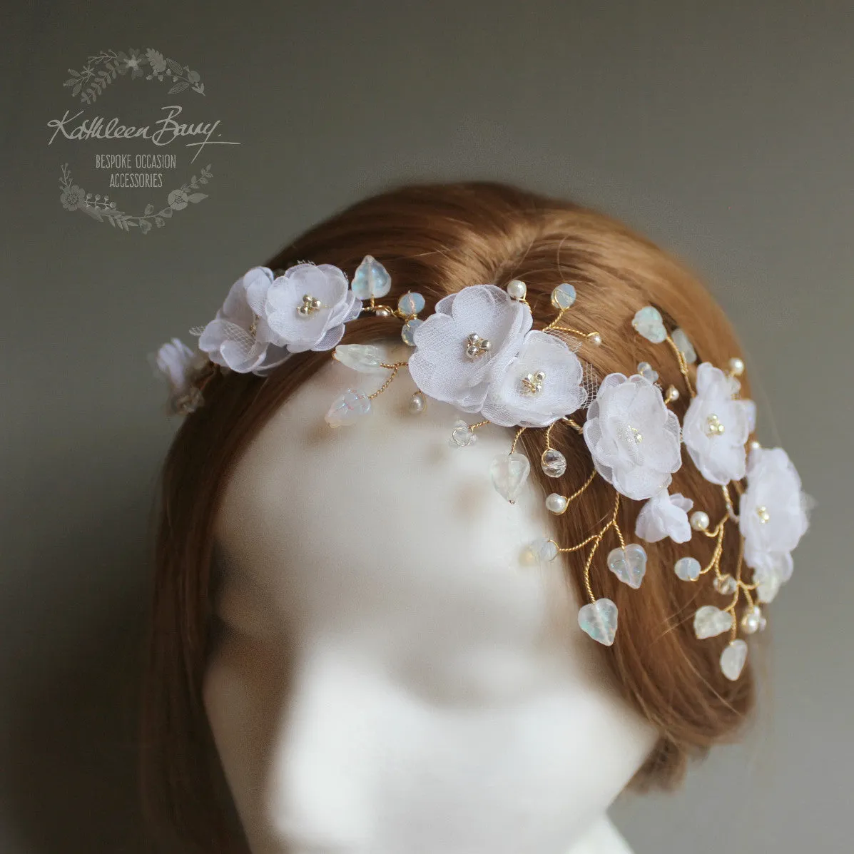 Lilly-Belle Aqua Gold white hair vine, blossom wedding bridal hair accessory wedding bride flower crown wreath - opalescent crystals - blue