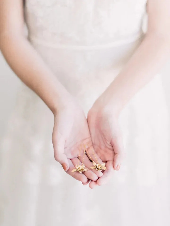 Open Rose and Pearl Hair Pins (2)