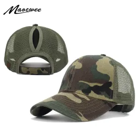 Ponytail Baseball Cap Women Messy Bun Baseball Hat Snapback Camouflage Mesh Cap Spring and Summer Camo Outdoor Hat
