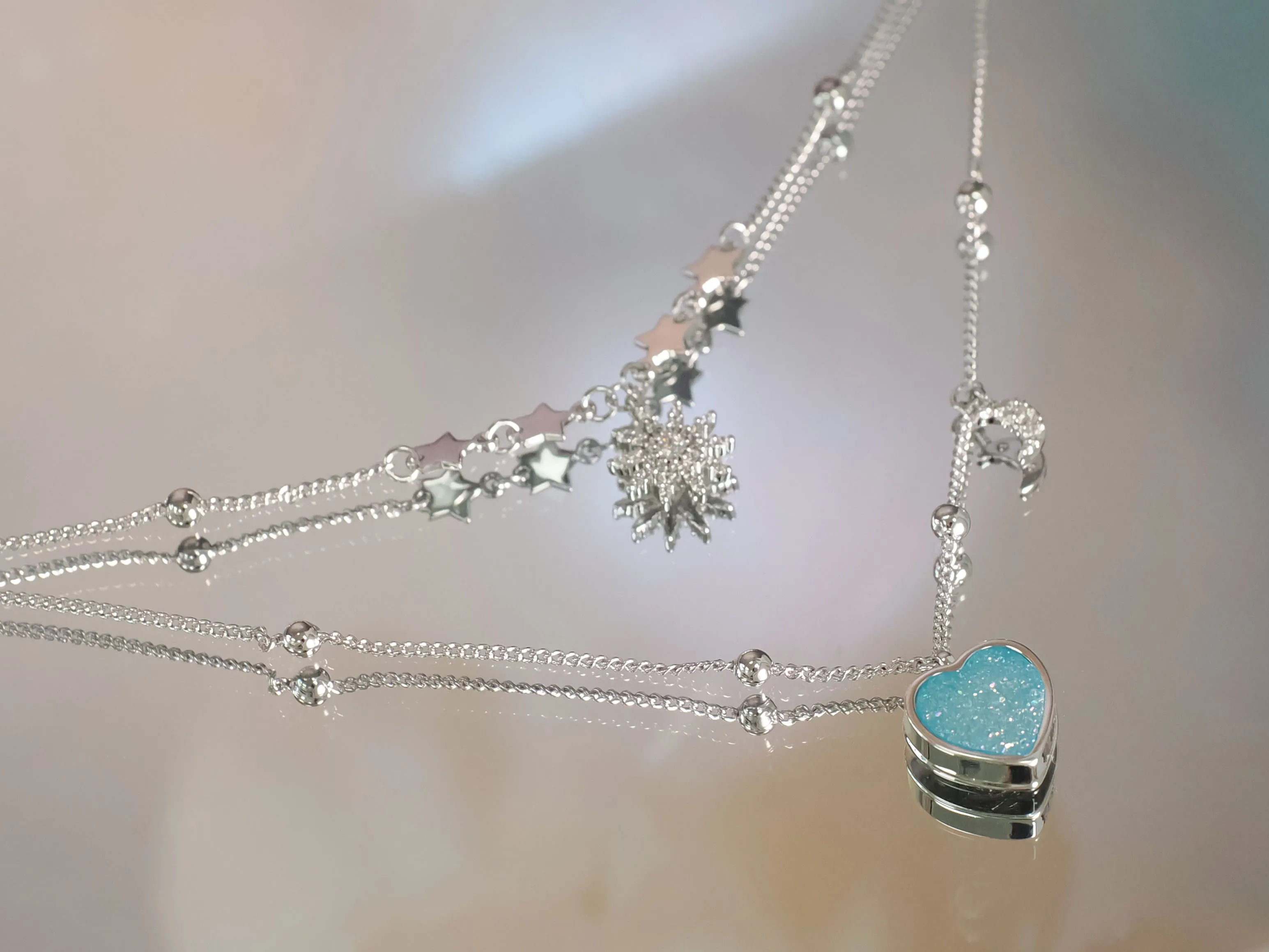 (Pre-order) Sky Blue Druzy Silver Layered Necklace - Love Note