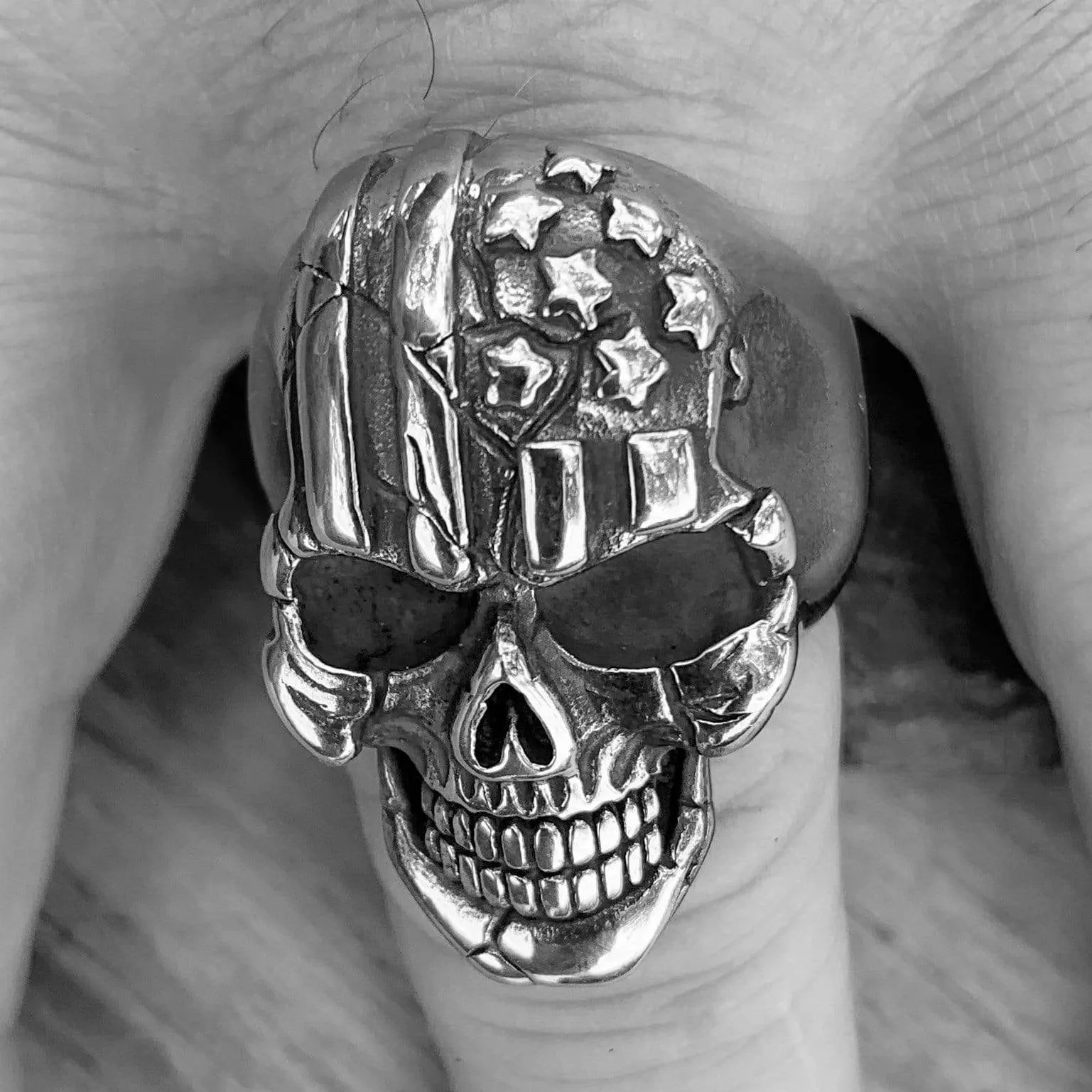"Bone Crusher" - American Flag Skull Ring - R103