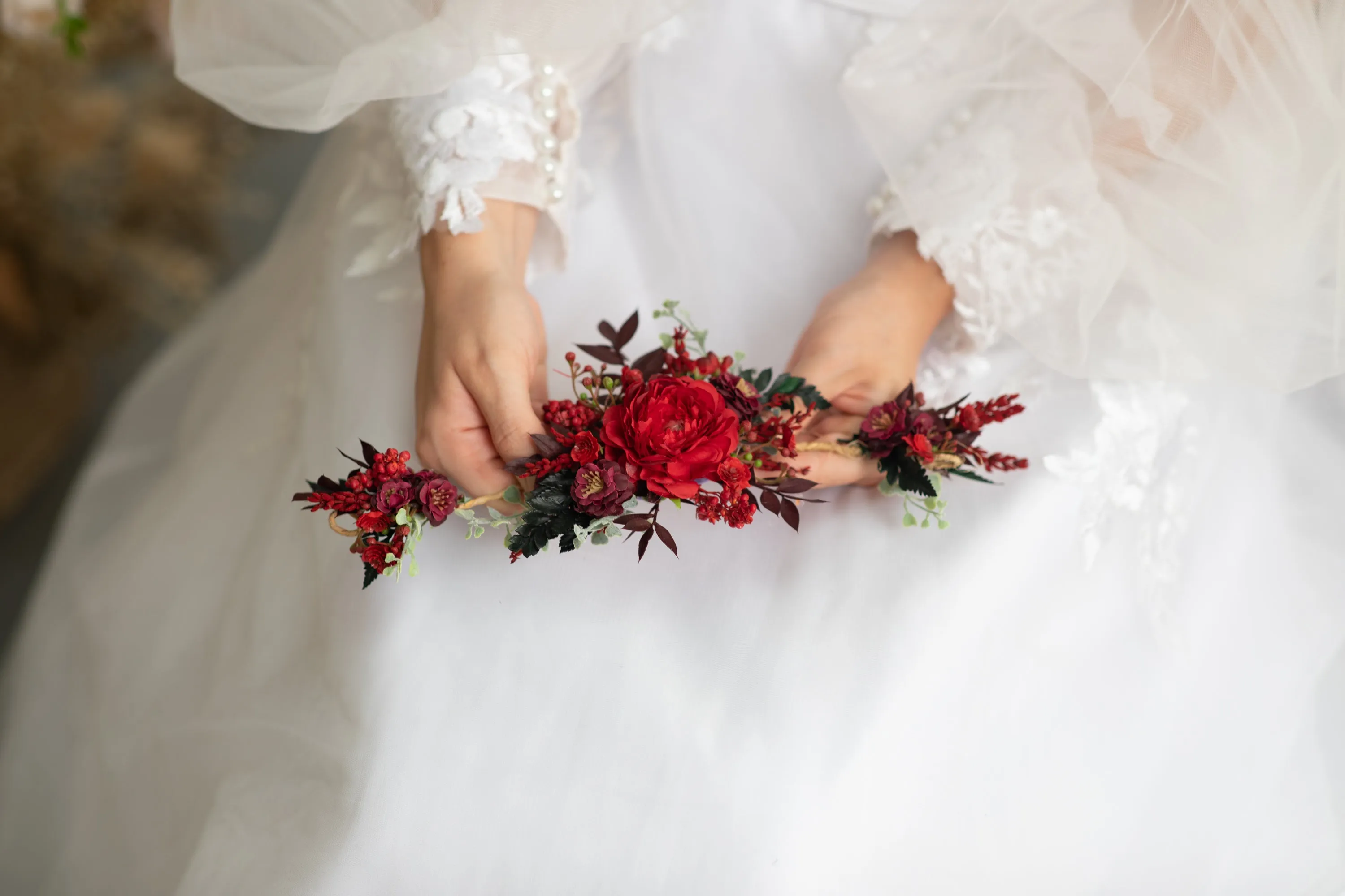 Red and burgundy flower hair vine