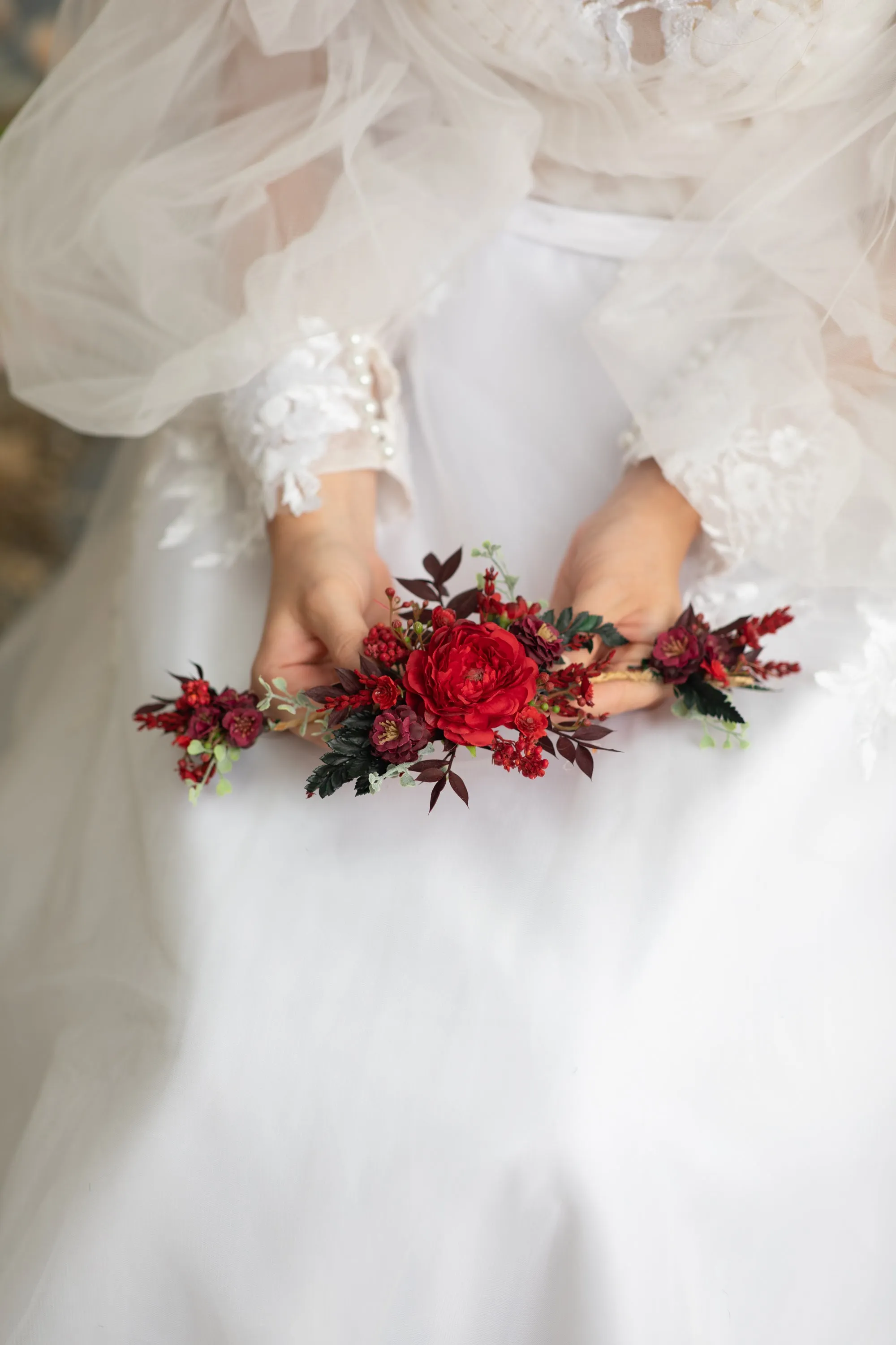 Red and burgundy flower hair vine