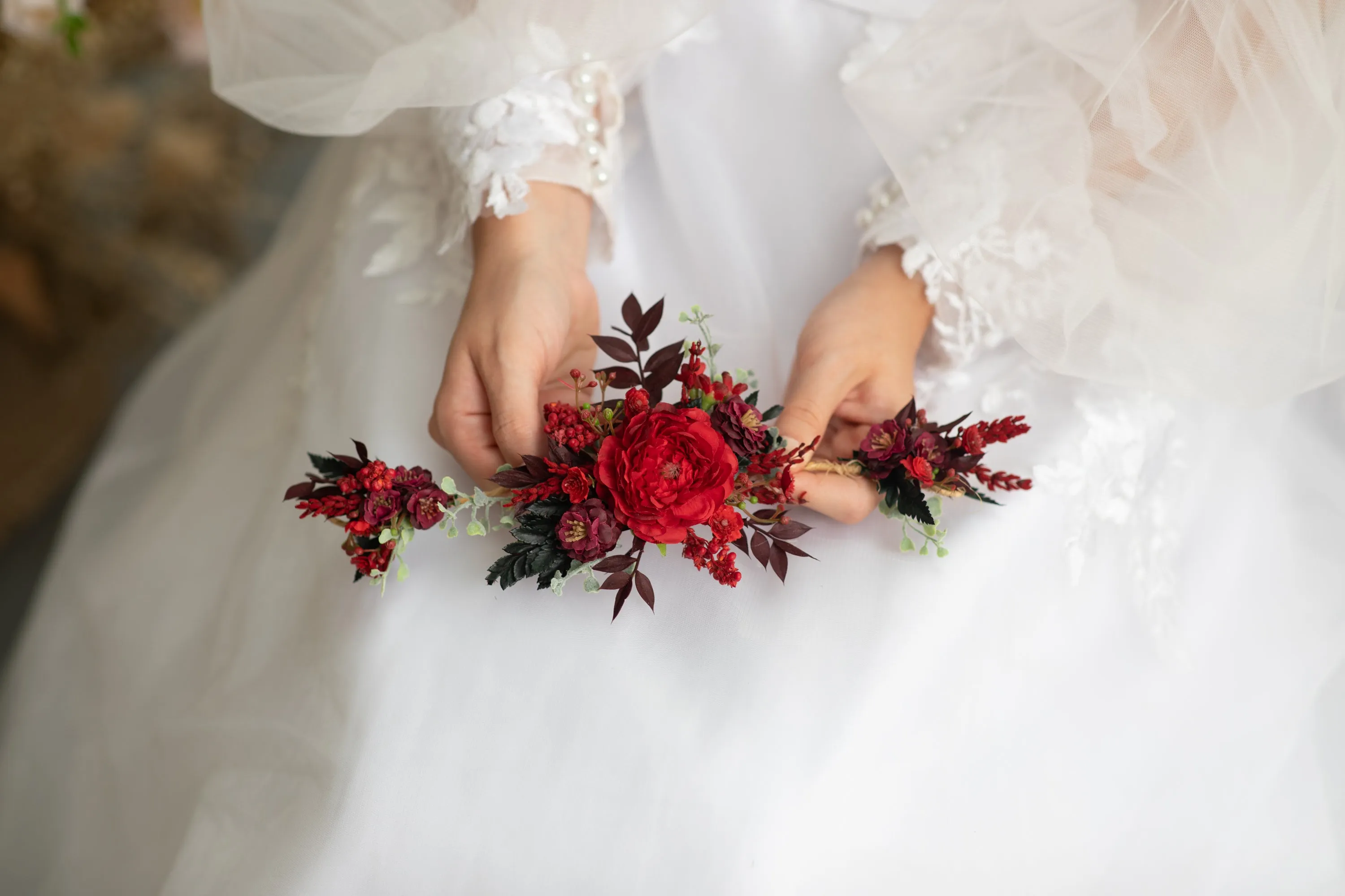 Red and burgundy flower hair vine