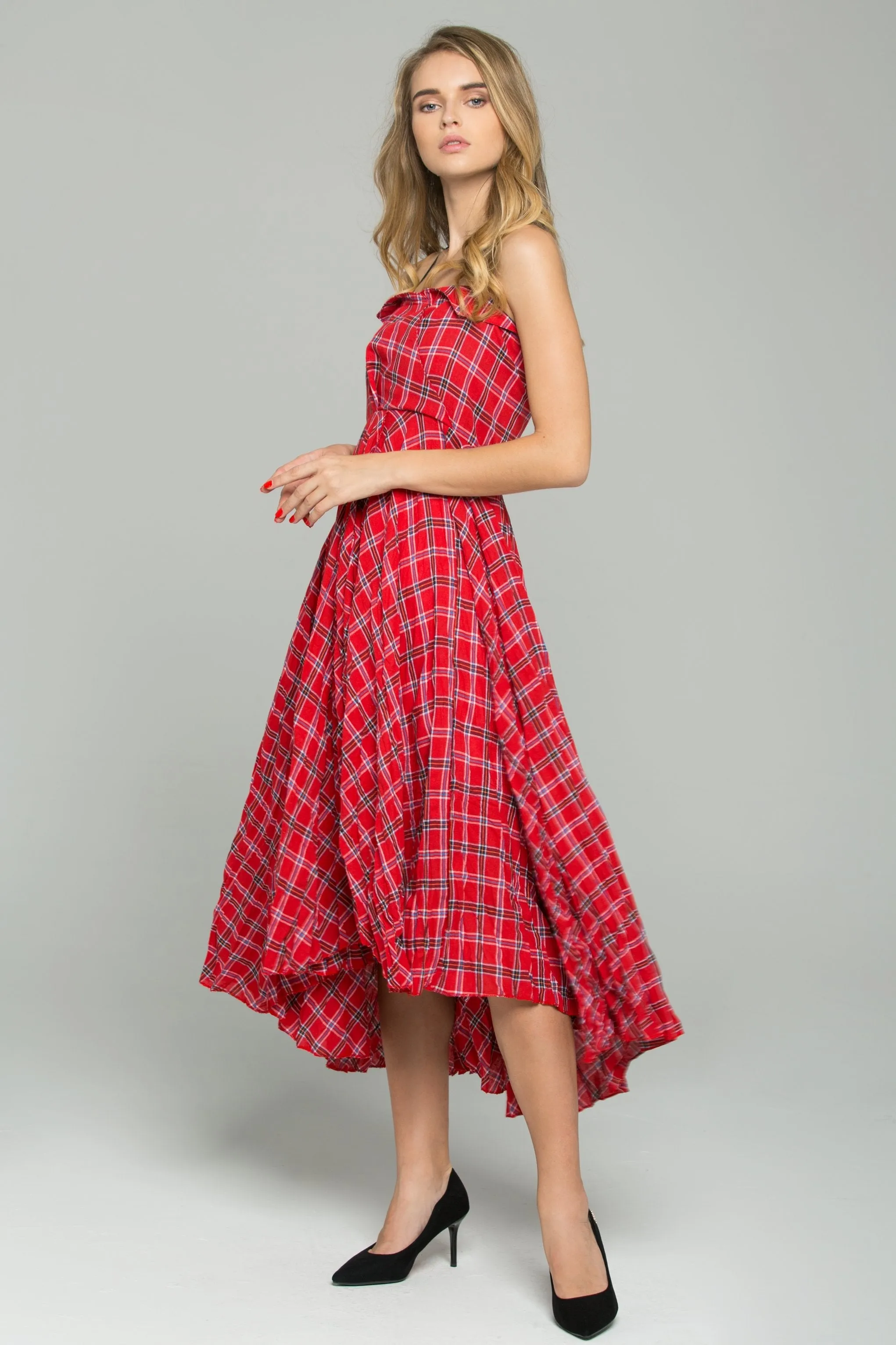 Red Cotton Spaghetti Strap Plaid Print Asymmetrical Midi Dress