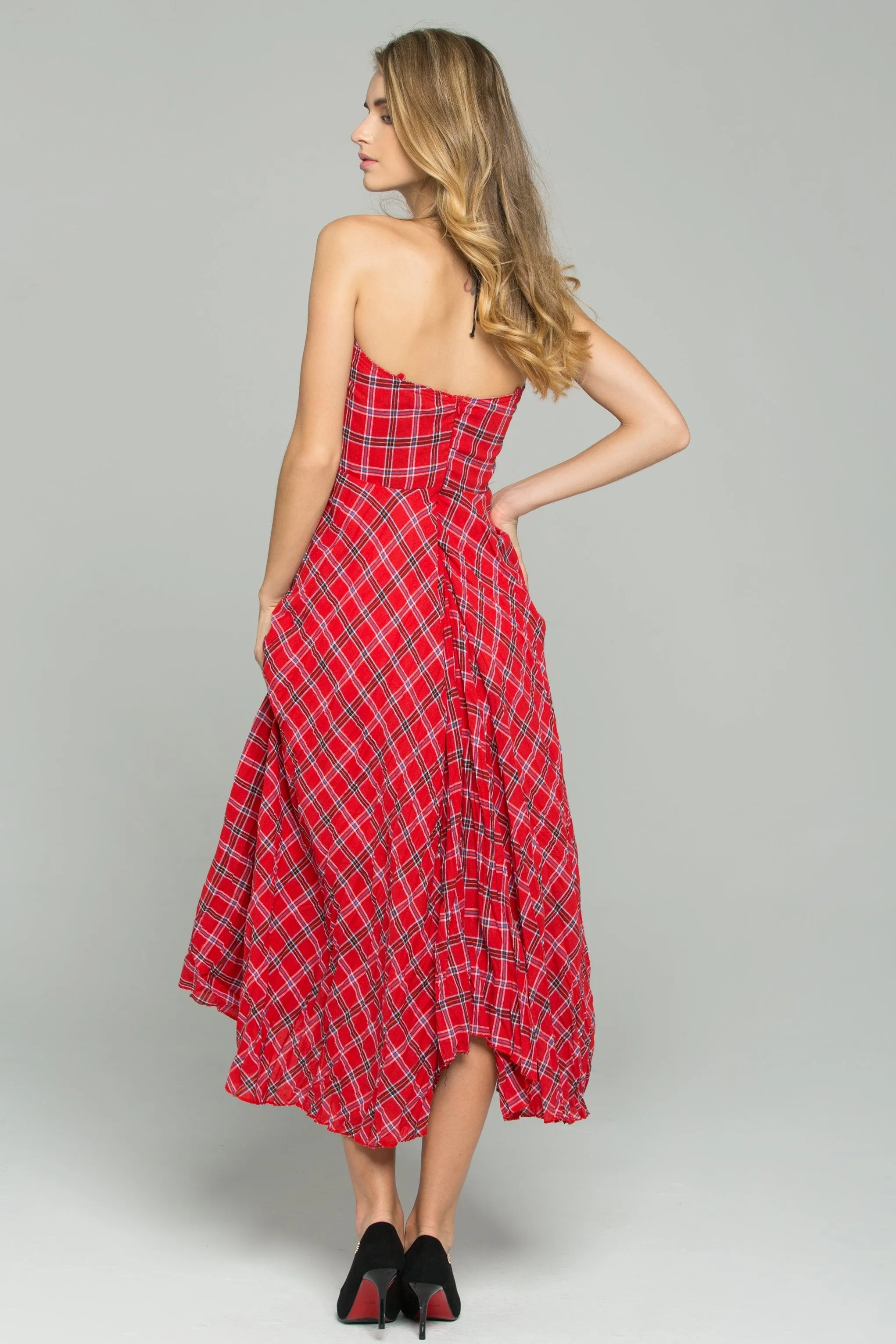 Red Cotton Spaghetti Strap Plaid Print Asymmetrical Midi Dress