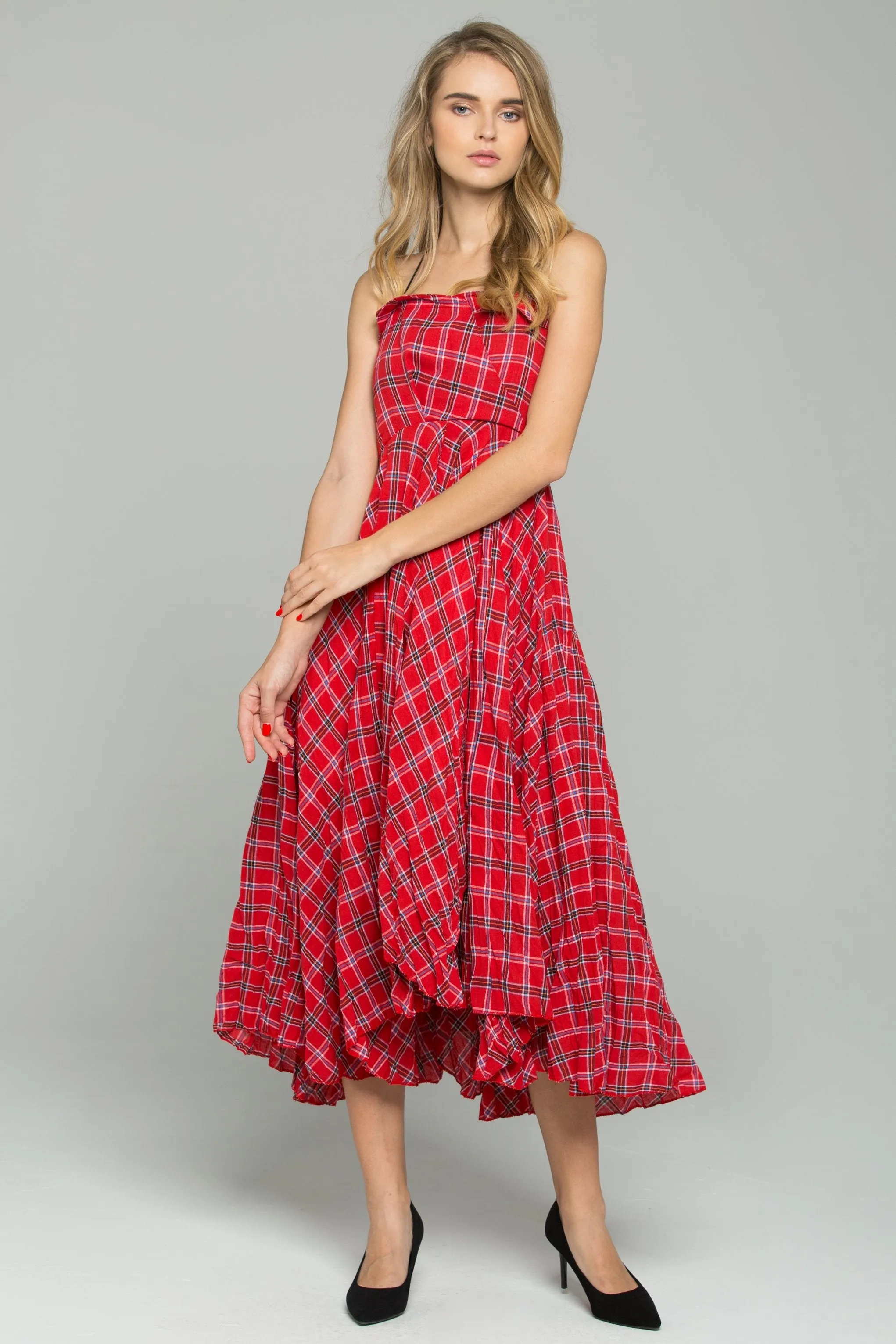 Red Cotton Spaghetti Strap Plaid Print Asymmetrical Midi Dress