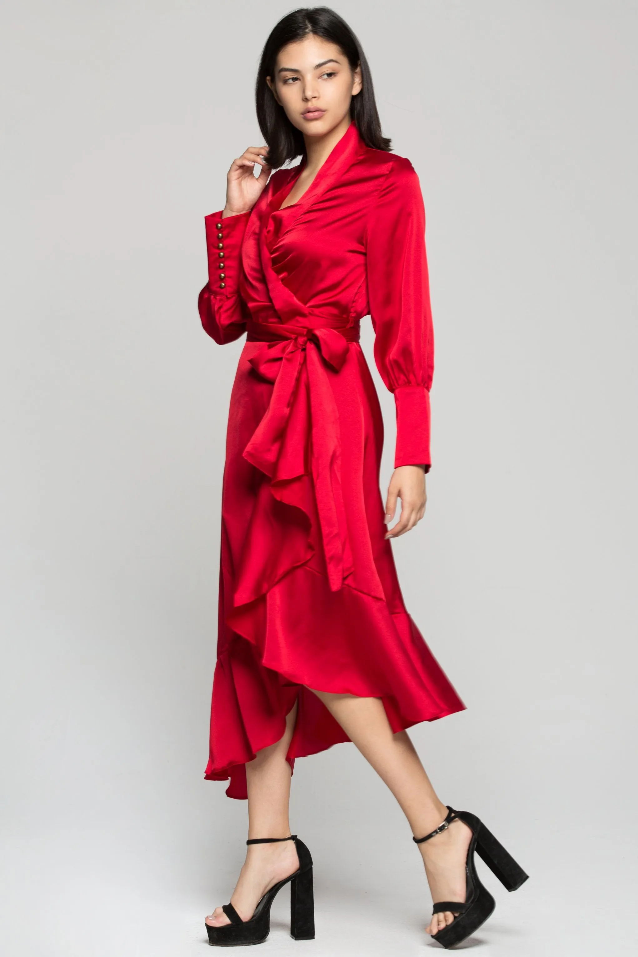 Red Silk Wrap Around Asymmetrical Ruffles Midi Dress