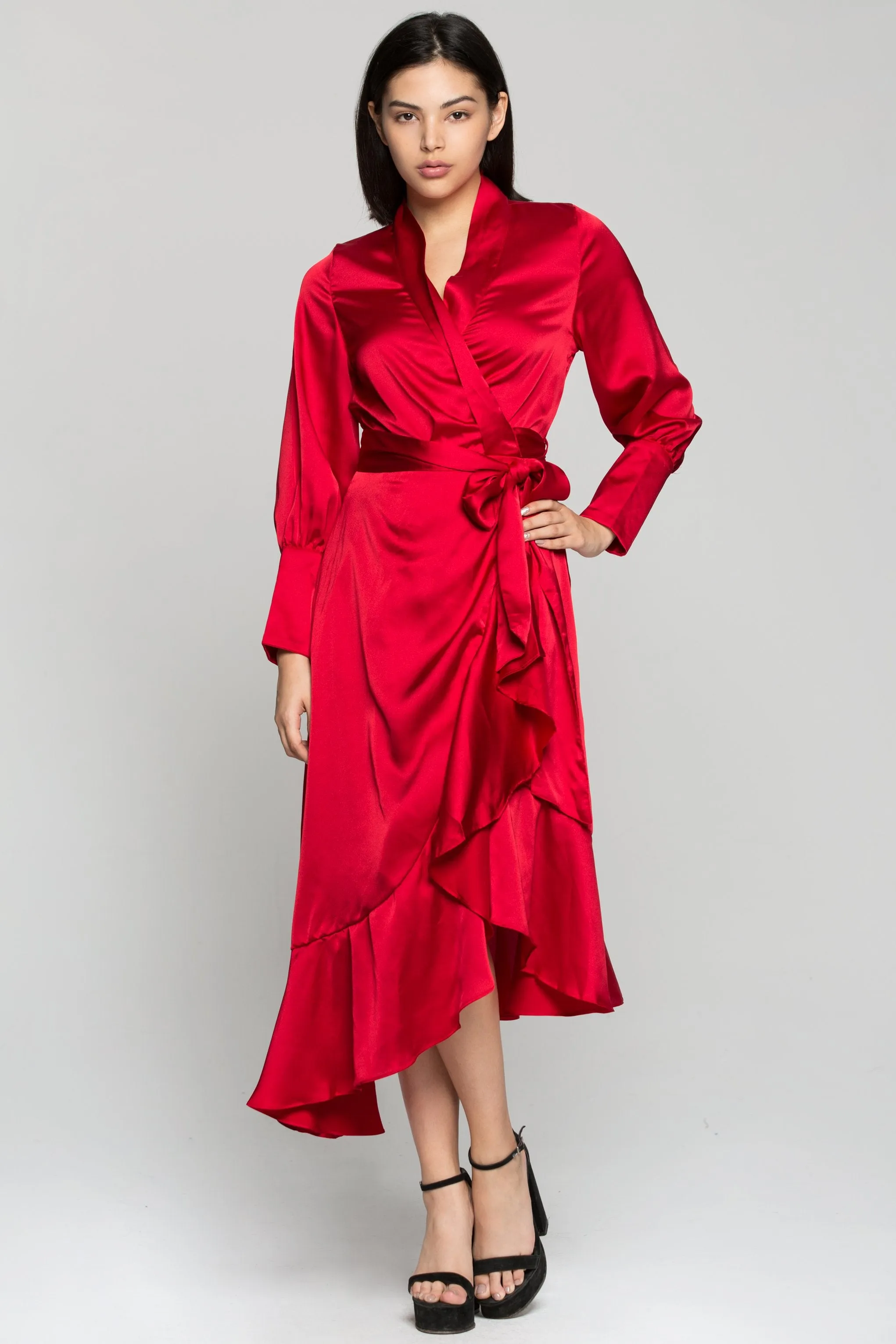 Red Silk Wrap Around Asymmetrical Ruffles Midi Dress