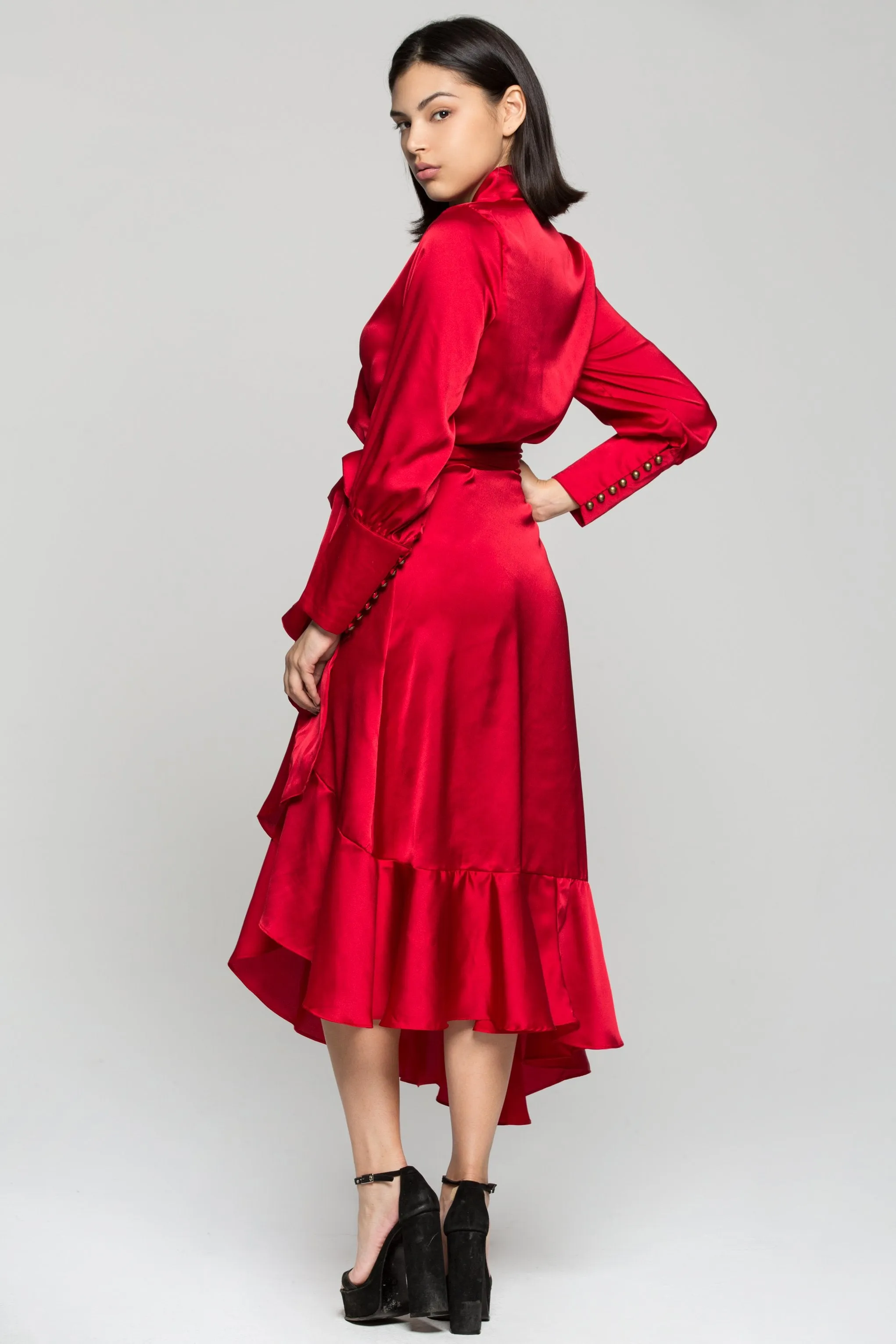 Red Silk Wrap Around Asymmetrical Ruffles Midi Dress