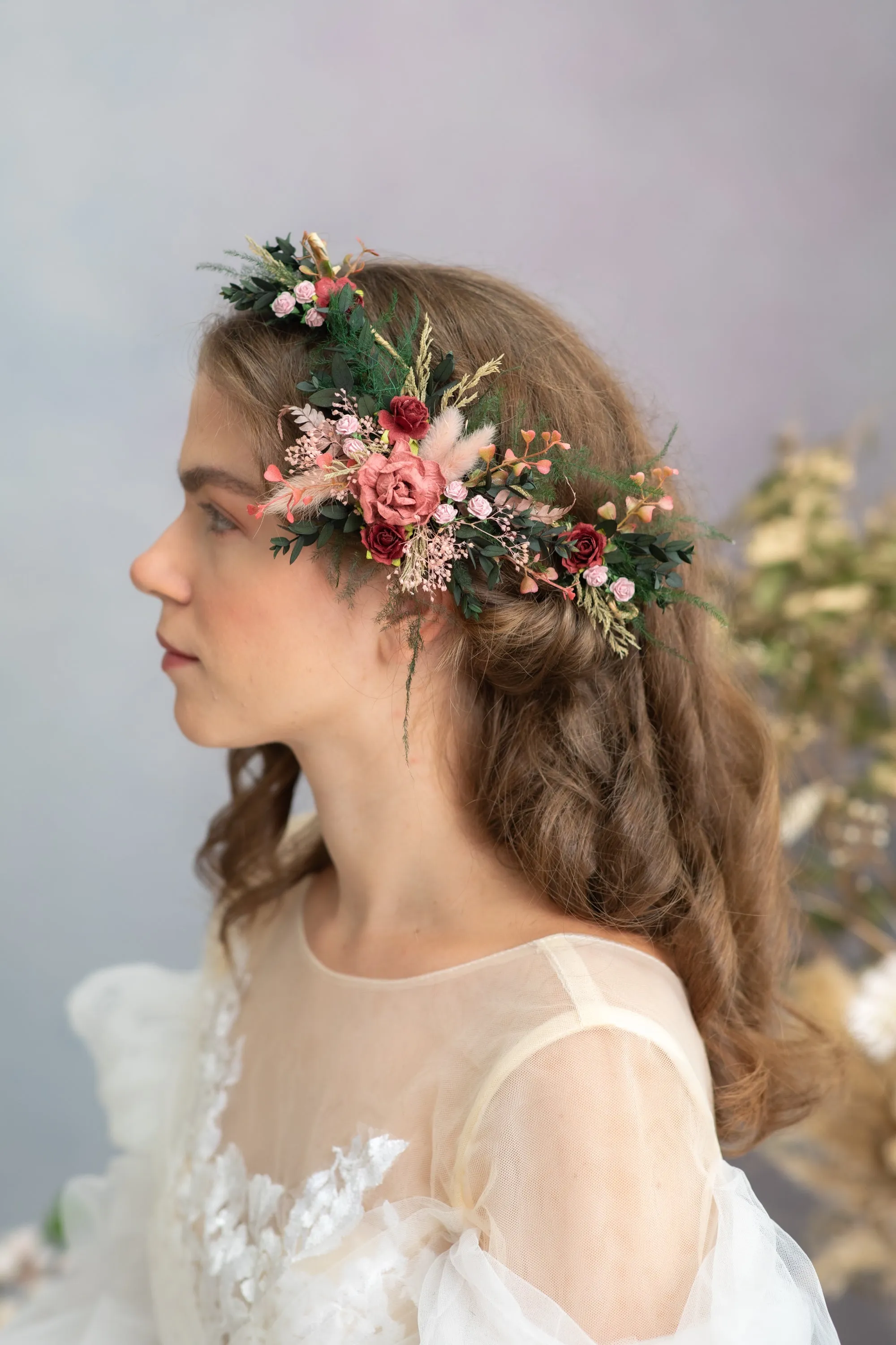 Romantic burgundy and pink hair vine