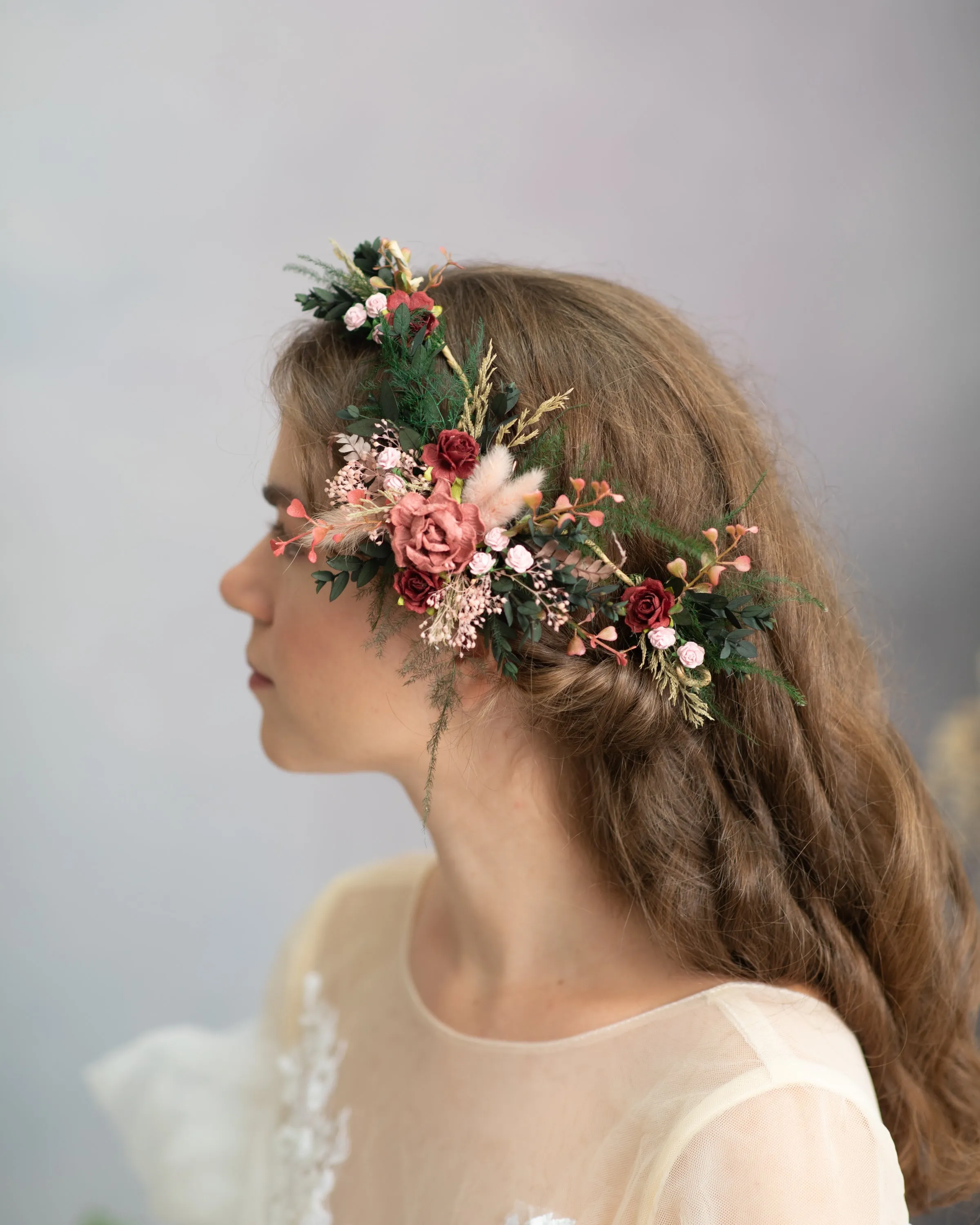 Romantic burgundy and pink hair vine