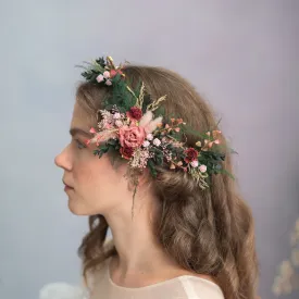 Romantic burgundy and pink hair vine
