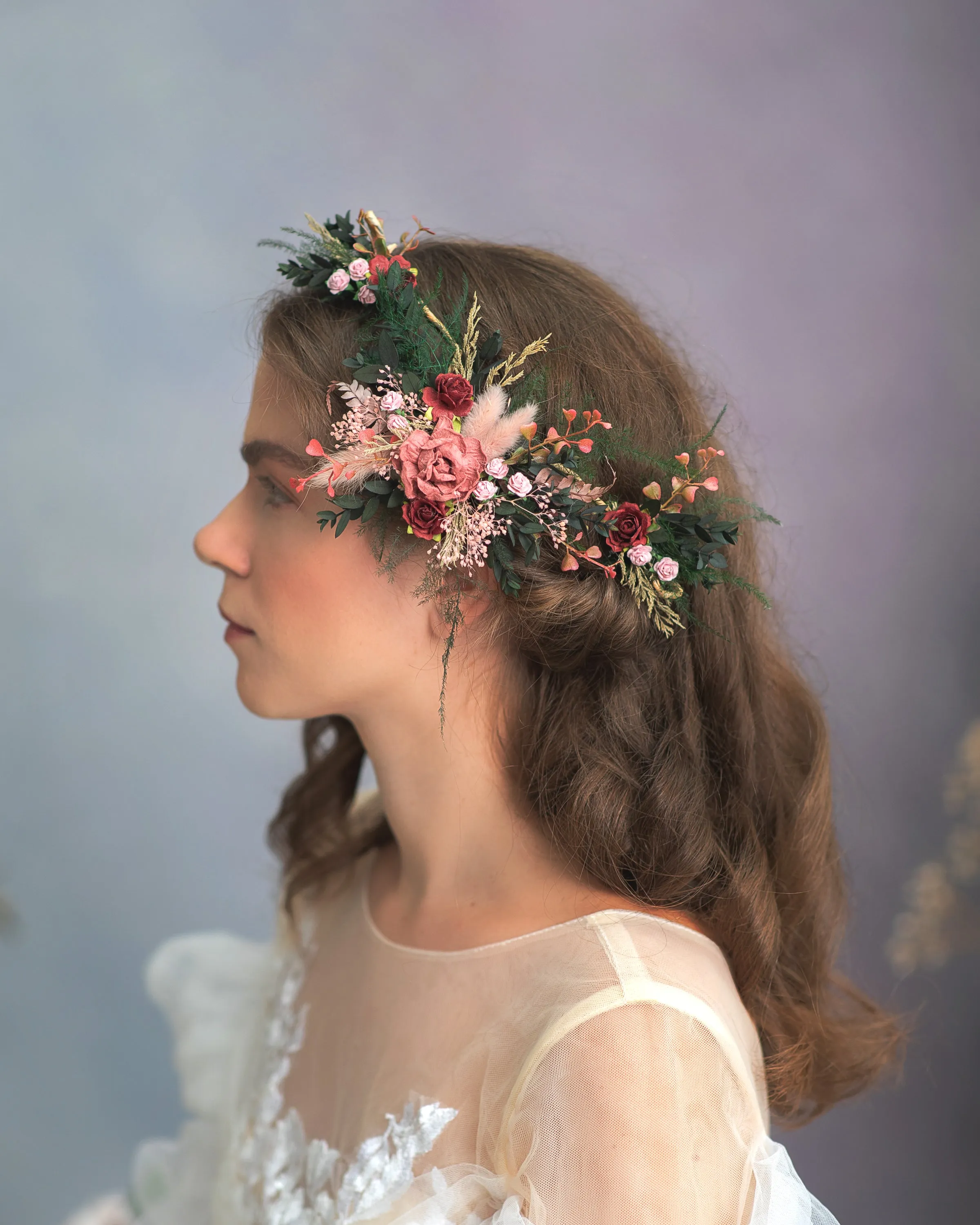 Romantic burgundy and pink hair vine