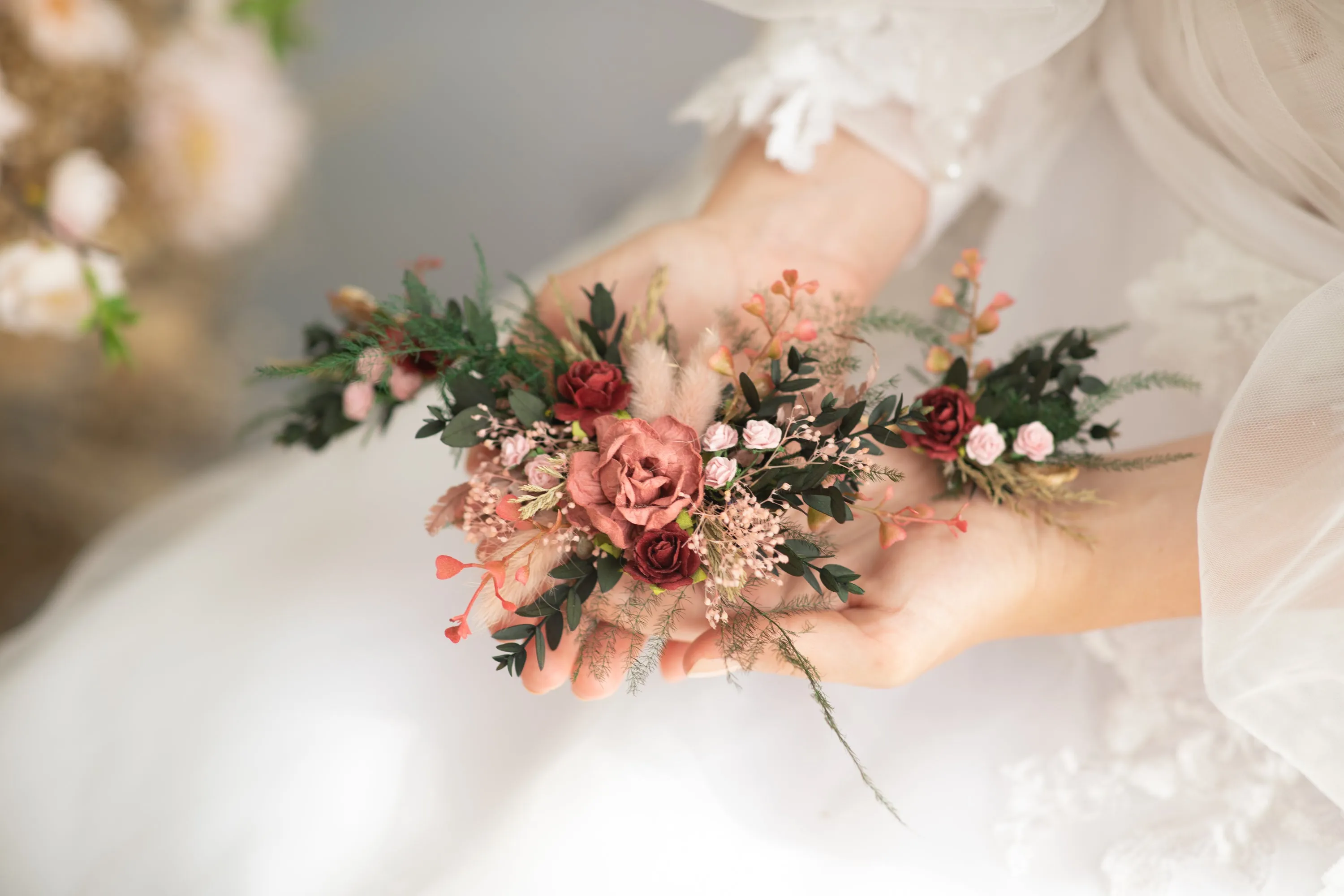 Romantic burgundy and pink hair vine
