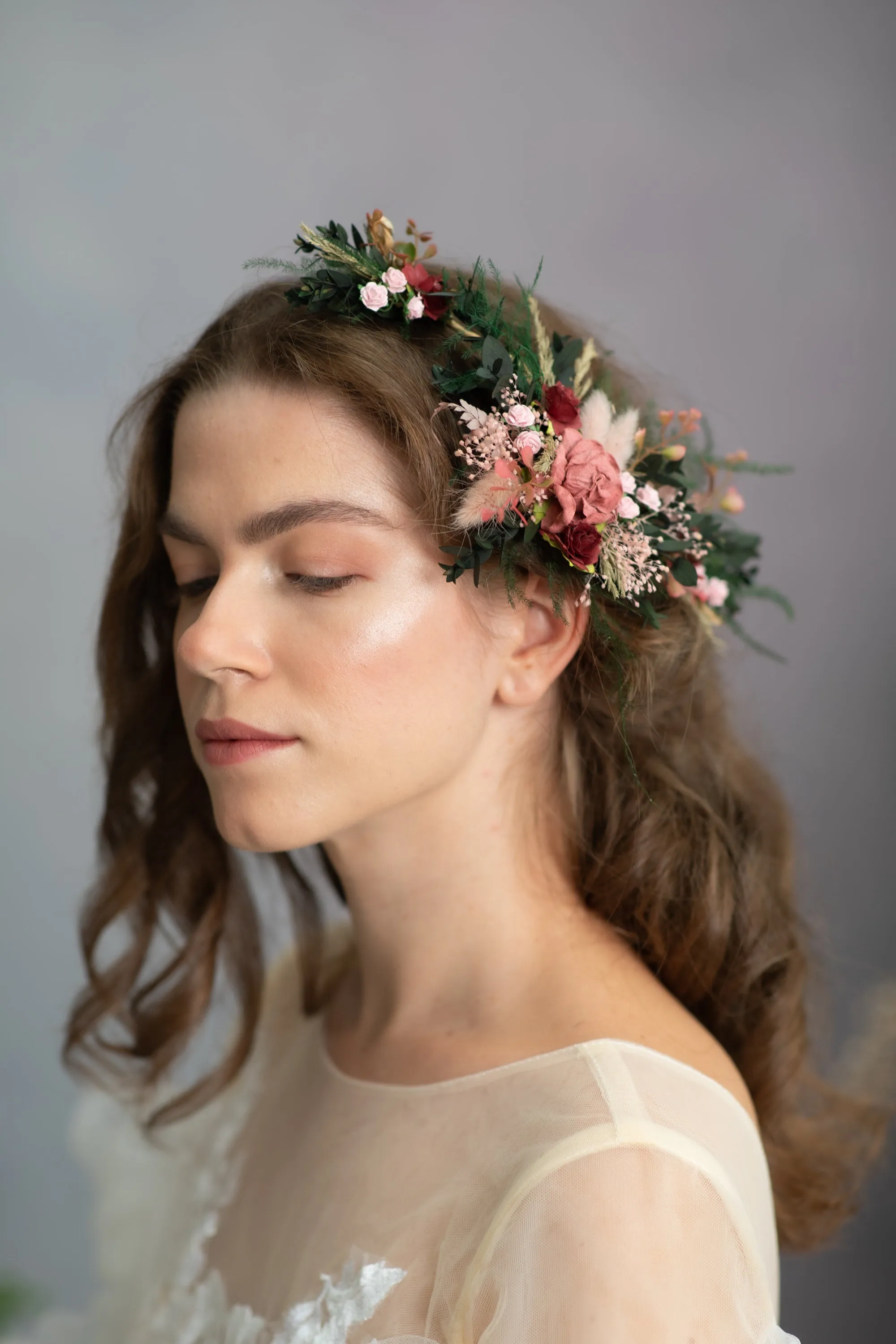Romantic burgundy and pink hair vine