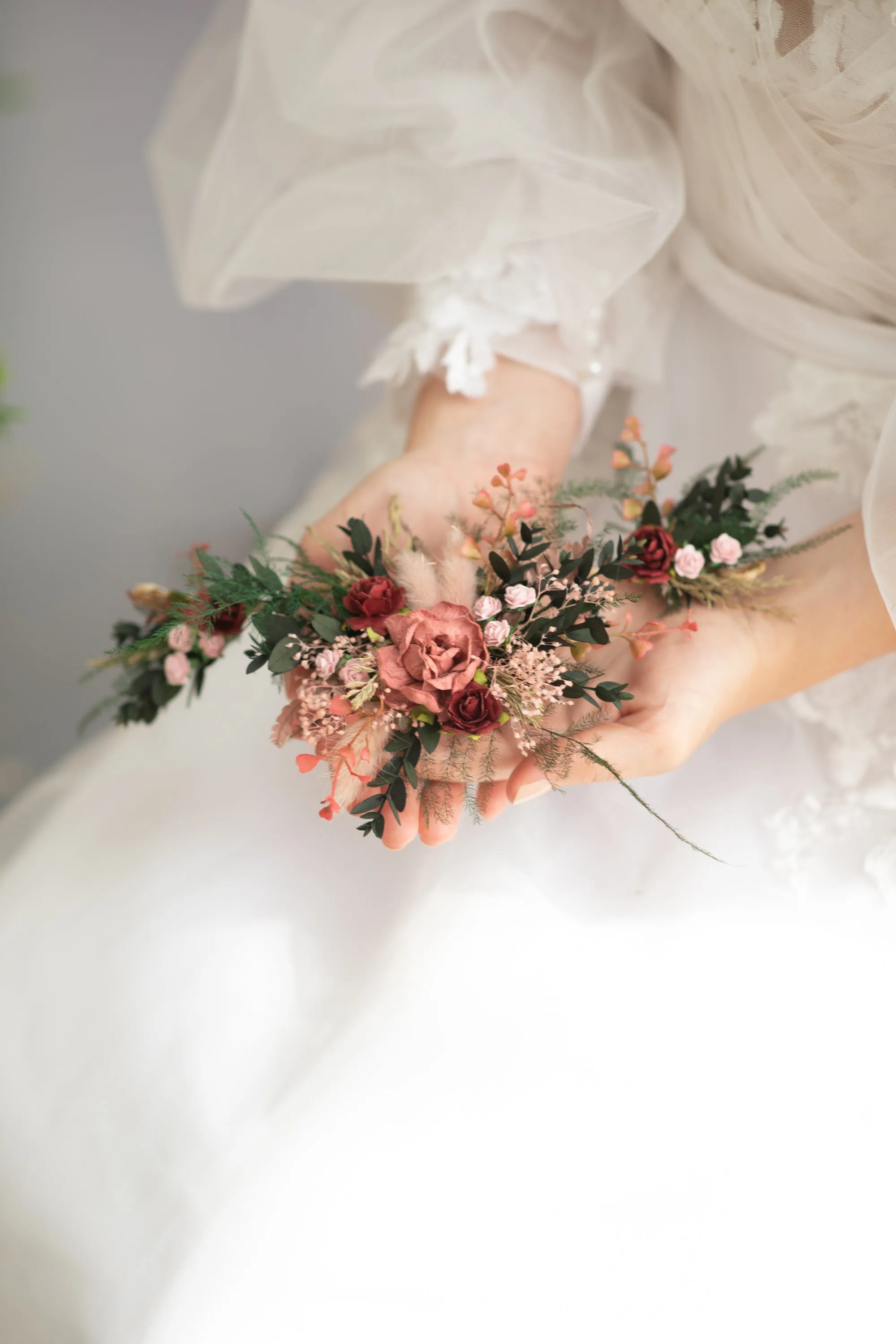 Romantic burgundy and pink hair vine