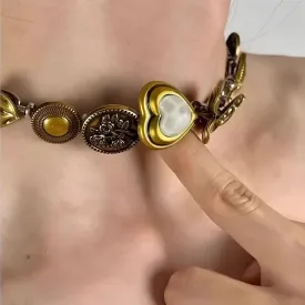 Vintage Brass Heart Button Choker Retro Beaded Short Necklace